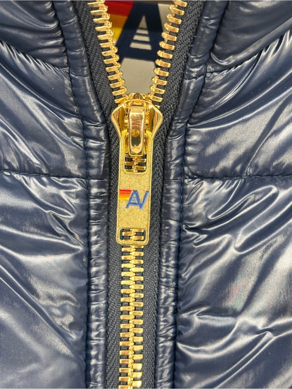 Aviator Nation Bolt Luxe puffer navy yellow glossy jacket /Coat Medium - Picture 9 of 9